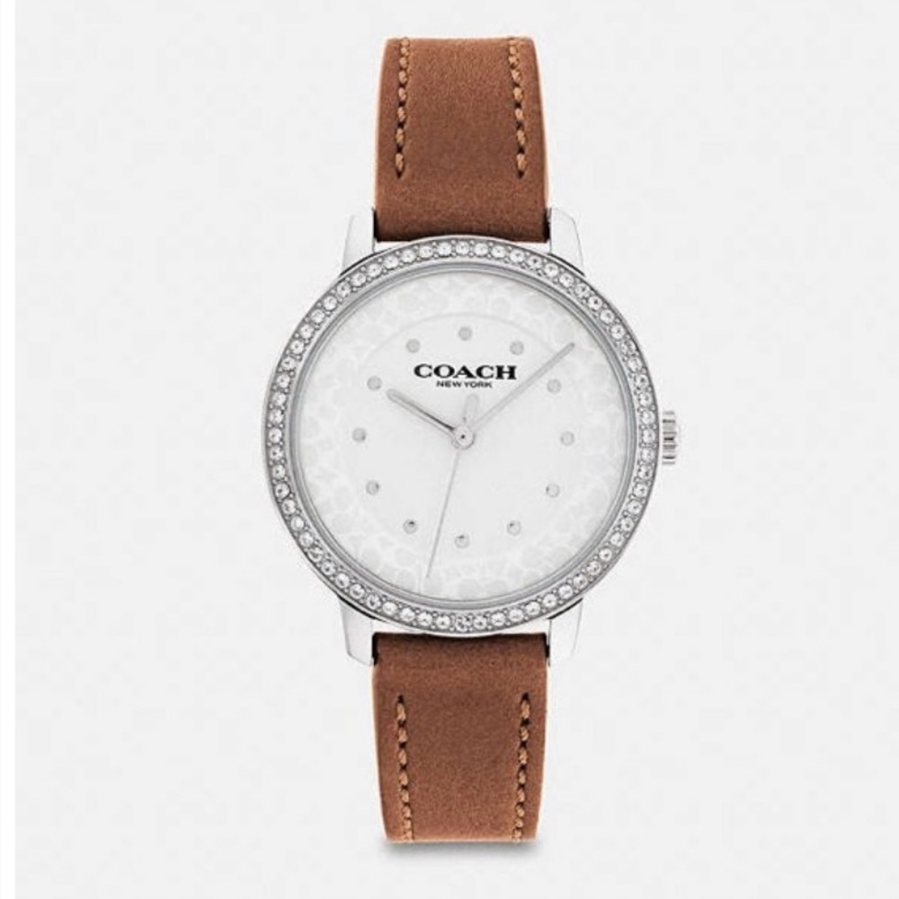 Coach Brown Silver Watch with Leather Strap and Crystal Bezel